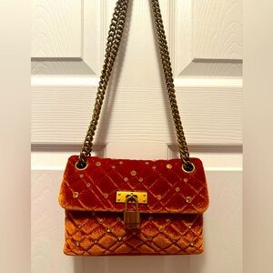 Kurt Geiger Brixton Bag, Orange Velvet/Quilting and Rhinestones, Brass Hardware